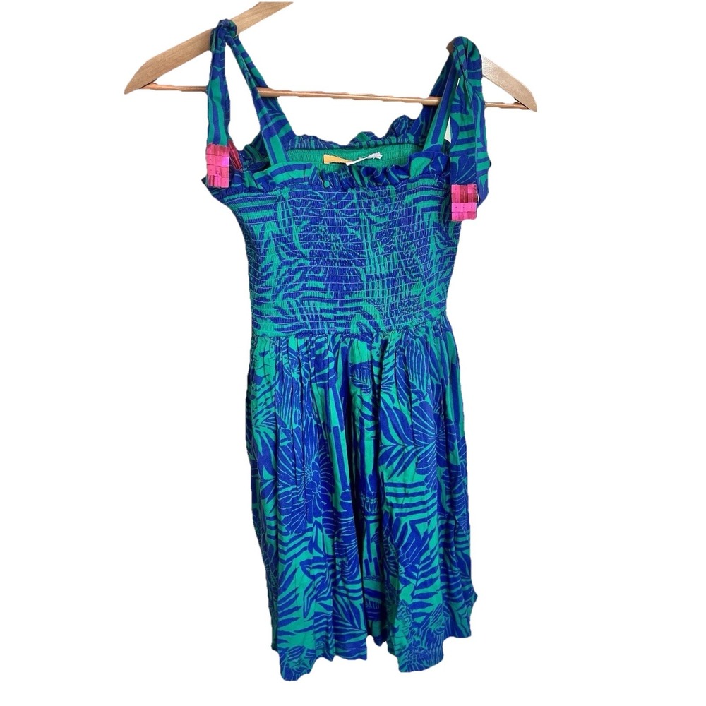 Briton Court Hawaiian Smocked Dress Girls Sz 8 Floral Hula Blue Print Hawaii